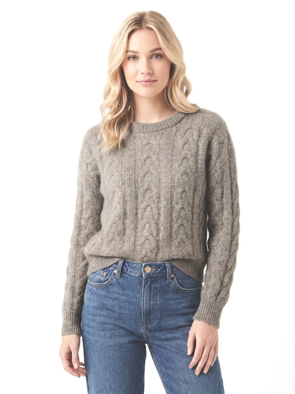 OVERLAND Eden Gray 100% Cashmere Cable Knit Crewneck Sweater M